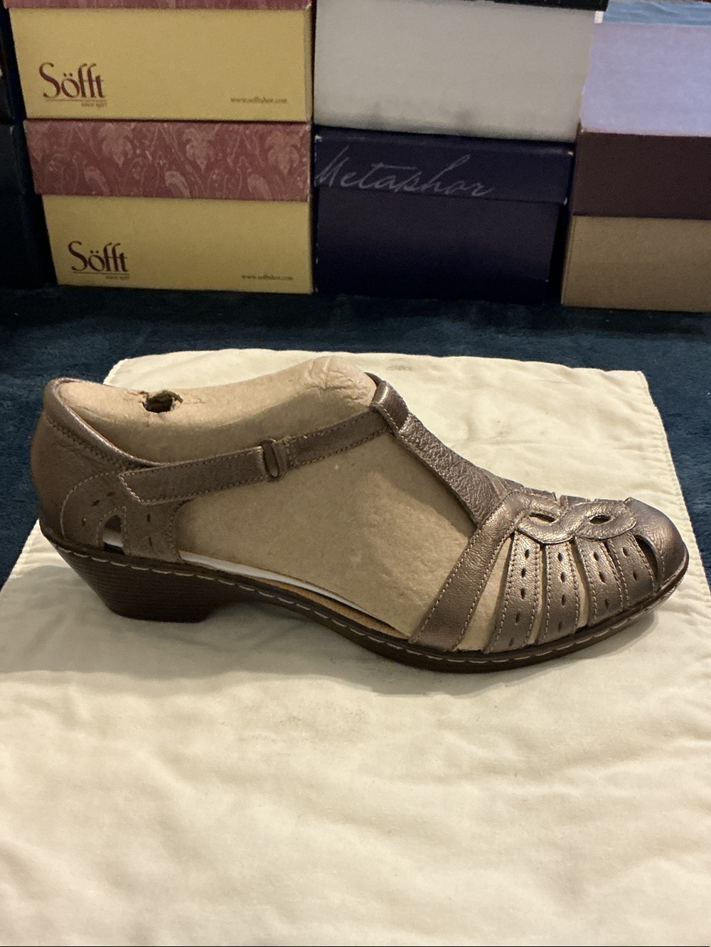 Clarks Bronze Metallic T-Strap Low Wedge